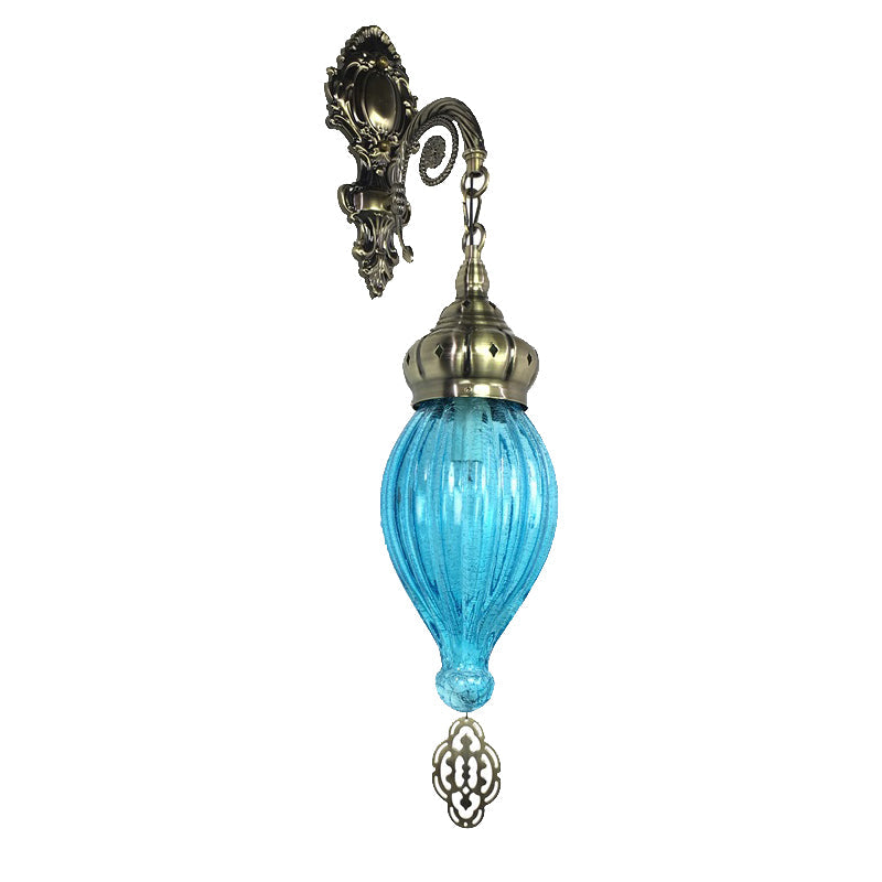 Traditional Teardrop Sconce Black/White/Light Blue Glass 1 Head Wall Mounted Lamp with Carved Metal Arm Clearhalo 'Wall Lamps & Sconces' 'Wall Lights' Lighting' 258629