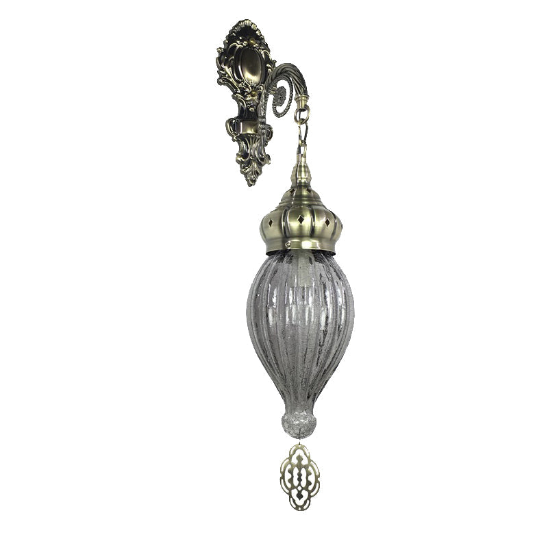 Traditional Teardrop Sconce Black/White/Light Blue Glass 1 Head Wall Mounted Lamp with Carved Metal Arm Clearhalo 'Wall Lamps & Sconces' 'Wall Lights' Lighting' 258638