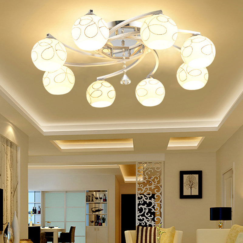 Spherical Semi Flush Mount Ceiling Light Modernist White Glass Ceiling Light Fixture for Bedroom 8 White Linear Clearhalo 'Ceiling Lights' 'Close To Ceiling Lights' 'Close to ceiling' 'Semi-flushmount' Lighting' 2588401