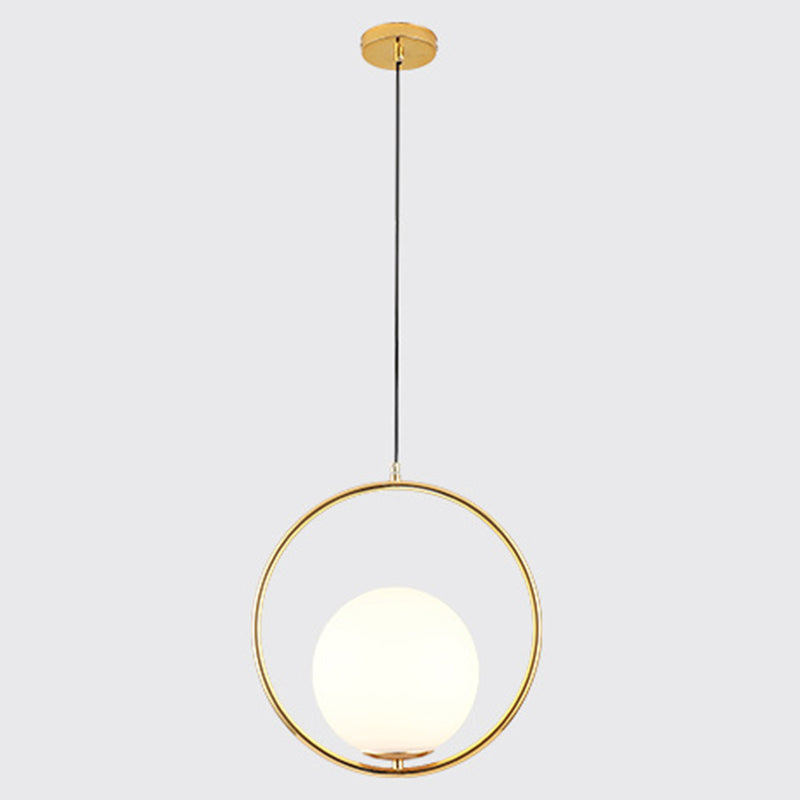 Mid-Century Design Globe Hanging Lamp Opal Frosted Glass Shade 1 Light Pendant Light Gold 14