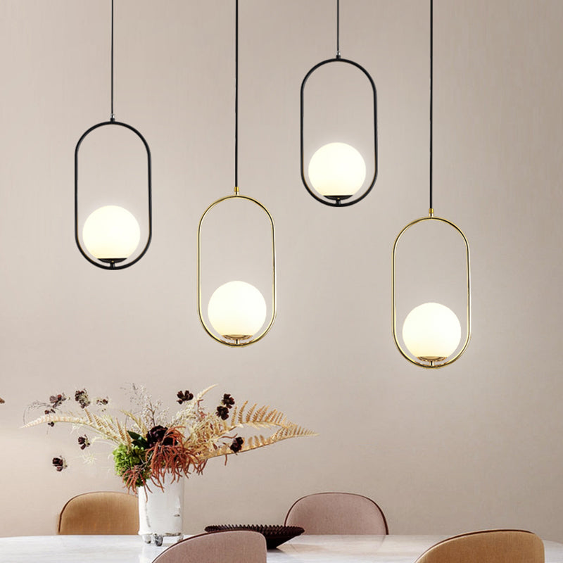 Mid-Century Design Globe Hanging Lamp White Glass Shade Pendant Light with Metal Ring Clearhalo 'Ceiling Lights' 'Modern Pendants' 'Modern' 'Pendant Lights' 'Pendants' Lighting' 2588690