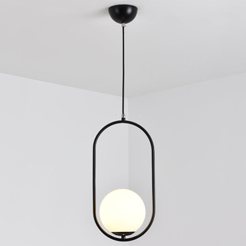 Mid-Century Design Globe Hanging Lamp White Glass Shade Pendant Light with Metal Ring Black 16