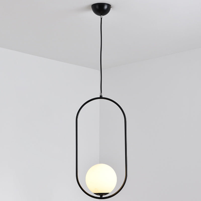 Mid-Century Design Globe Hanging Lamp White Glass Shade Pendant Light with Metal Ring Black 19.5