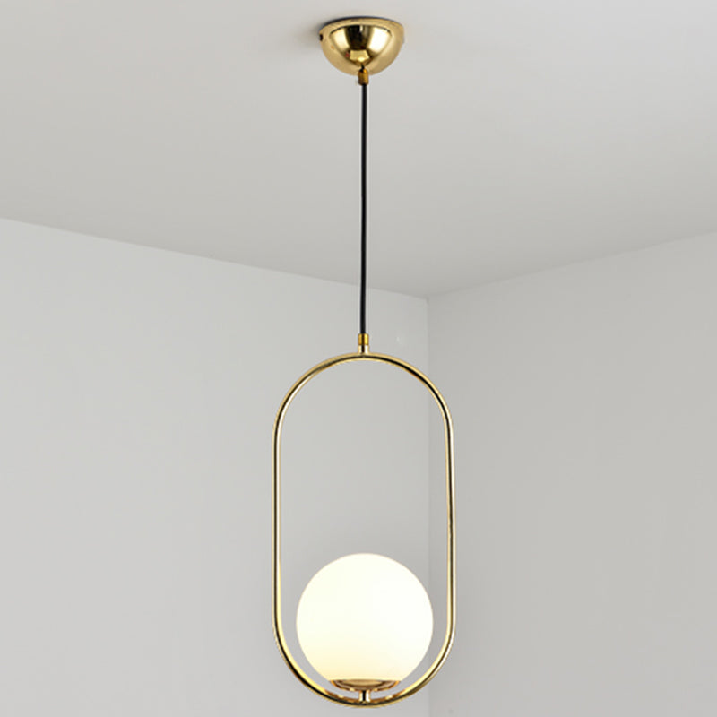 Mid-Century Design Globe Hanging Lamp White Glass Shade Pendant Light with Metal Ring Gold 16