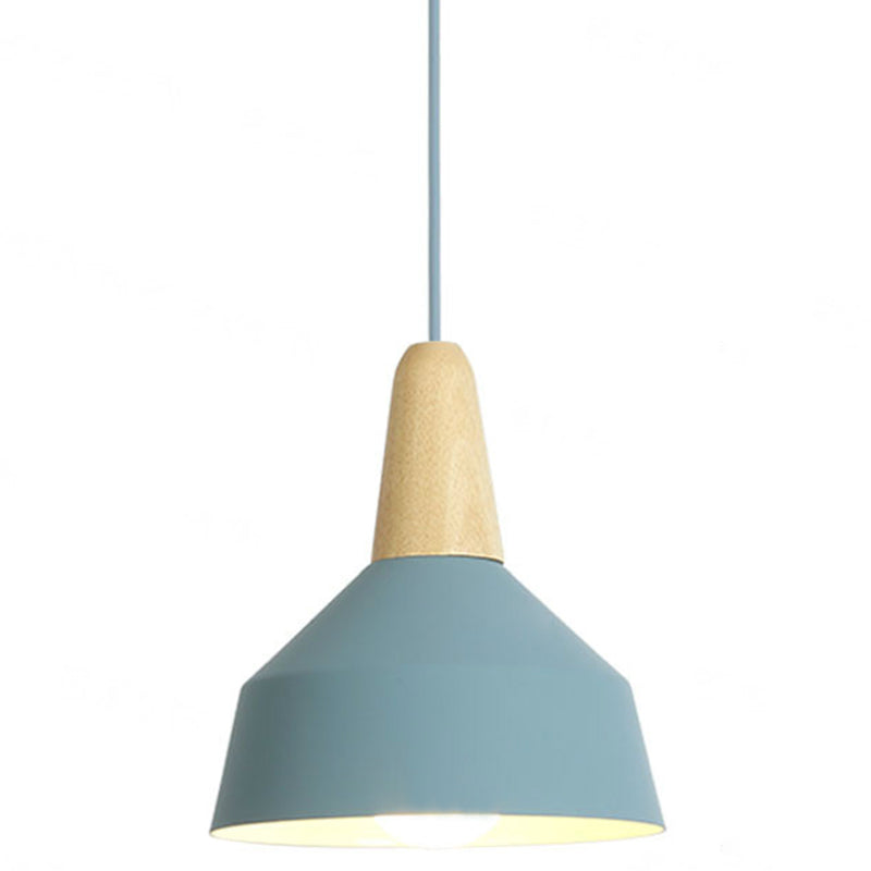 Metal 1 Light Hanging Light Nordic Style Restaurant Ceiling Pendant Lamp with Wooden Top Blue 9