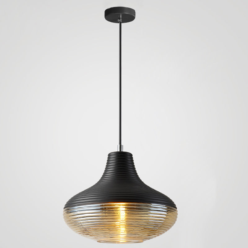 1 Light Pendant Light Modern Ribbed Glass Shade Metal Hanging Lamp in Black Black 10.5