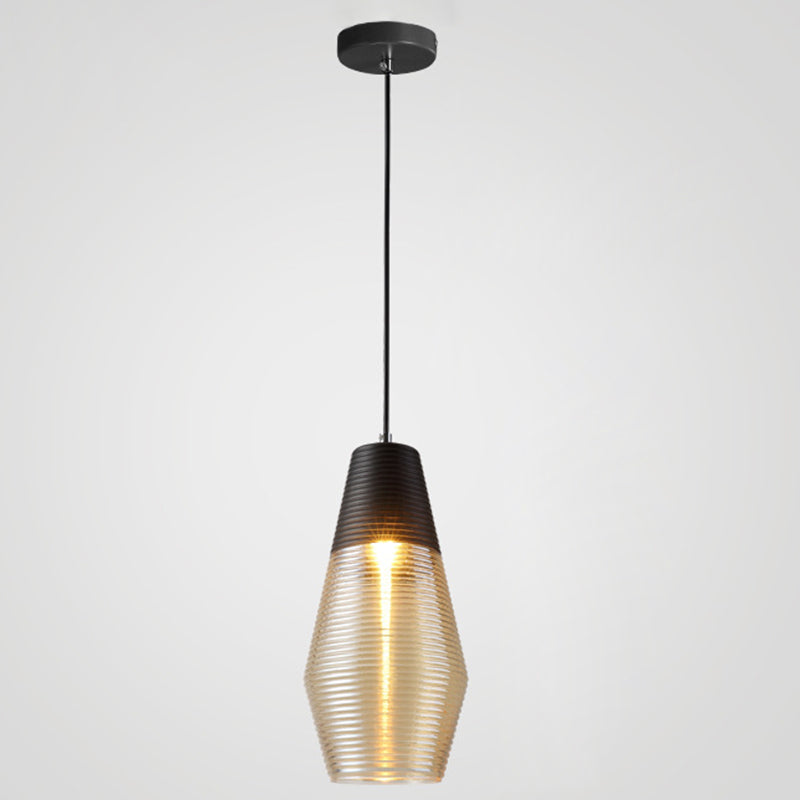 1 Light Pendant Light Modern Ribbed Glass Shade Metal Hanging Lamp in Black Black 6.5