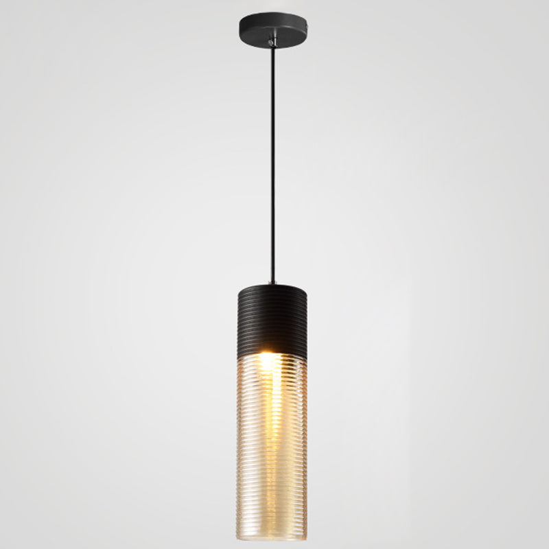 1 Light Pendant Light Modern Ribbed Glass Shade Metal Hanging Lamp in Black Black 4