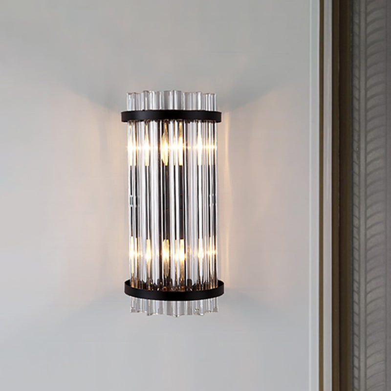 Tri-Sided Crystal Rod Cylinder Wall Mount Light Modern 2 Heads Black/Gold Sconce Light Fixture Black Clearhalo 'Modern wall lights' 'Modern' 'Wall Lamps & Sconces' 'Wall Lights' Lighting' 258884