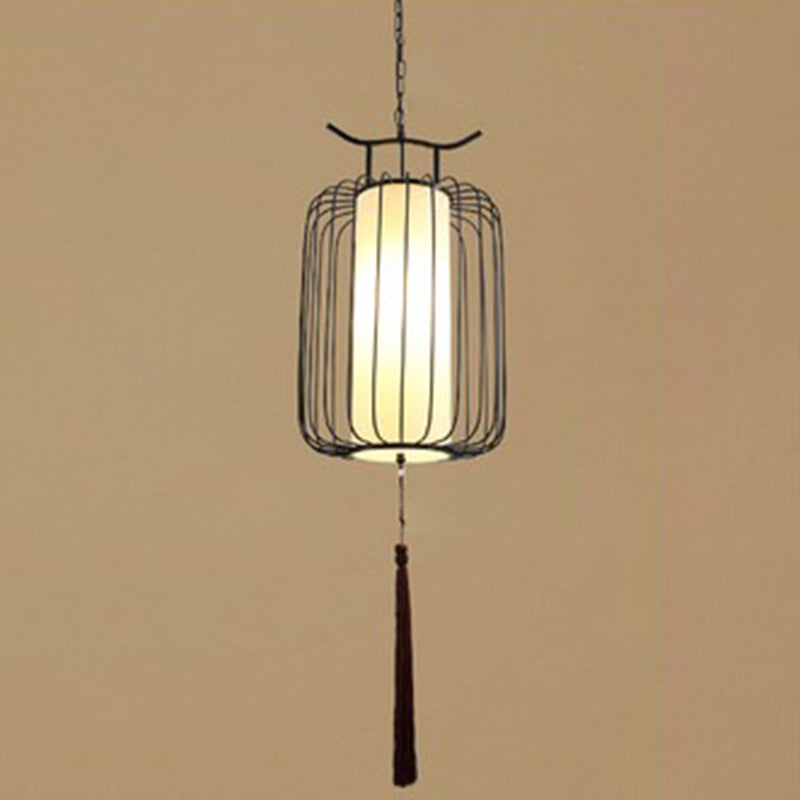 Vertical Cage Shade Pendant Lighting New Chinese Style Retro 1 Light Restaurant Hanging Lamp Black 14