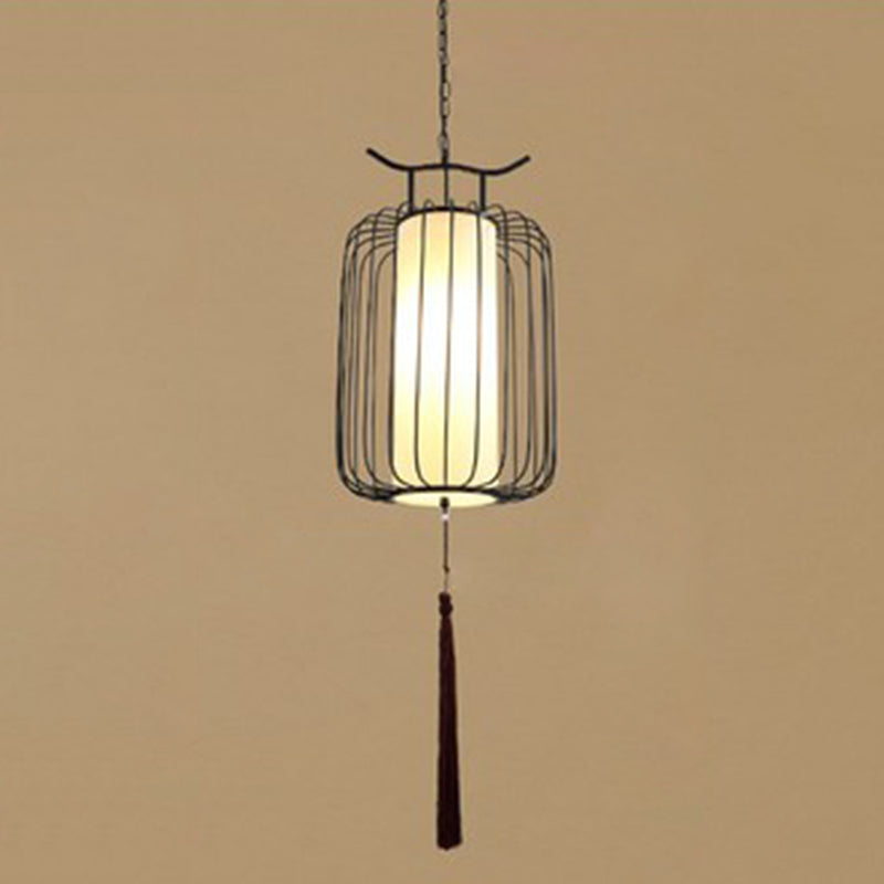 Vertical Cage Shade Pendant Lighting New Chinese Style Retro 1 Light Restaurant Hanging Lamp Black 12