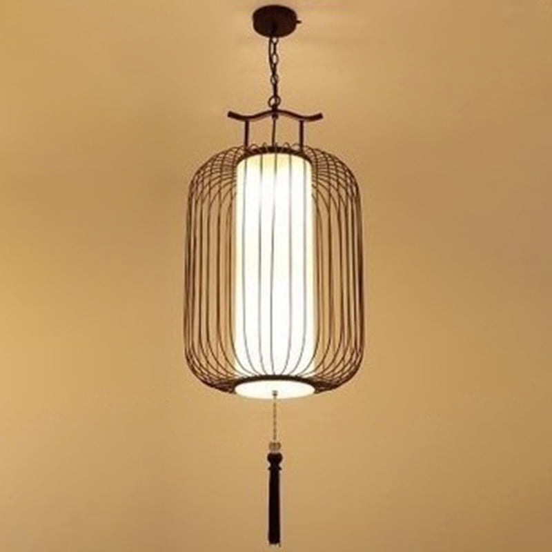 Vertical Cage Shade Pendant Lighting New Chinese Style Retro 1 Light Restaurant Hanging Lamp Copper 18