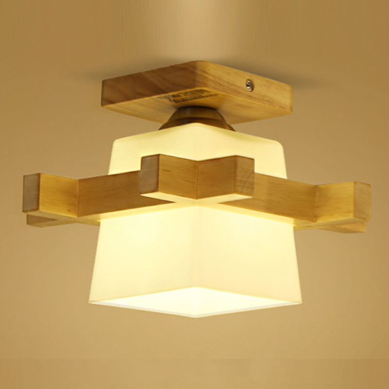 Semi Flush Chandelier Ultra-Contemporary 1 Light White Glass Ceiling Light Fixtures for Hallway Wood Trapezoid Clearhalo 'Ceiling Lights' 'Close To Ceiling Lights' 'Close to ceiling' 'Semi-flushmount' Lighting' 2589553