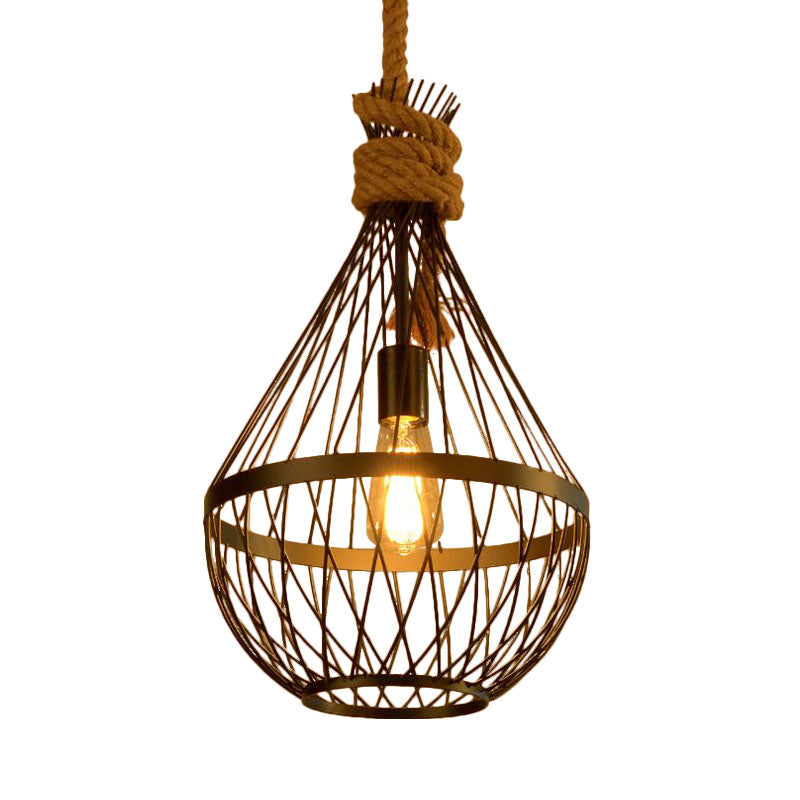 1 Light Teardrop Suspension Light Metal Wire Frame Country Style Hanging Lamp in Black with 39