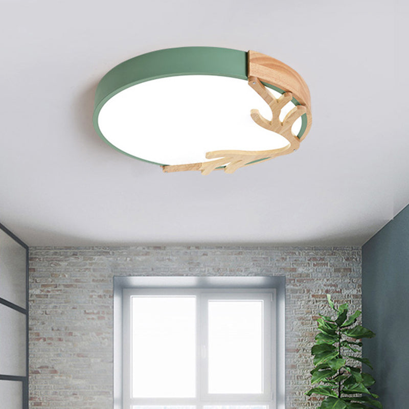 Round Flush Mount Light 1 Light Metal Nordic Flush Mount Spotlight with Antlers Decoration Green Clearhalo 'Ceiling Lights' 'Close To Ceiling Lights' 'Close to ceiling' 'Flush mount' Lighting' 2590553