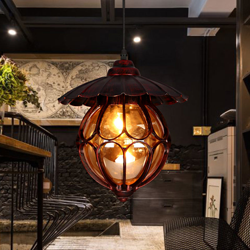 Industrial Global/Ring Hanging Light Cognac Glass Shade Kitchen Pendant Lighting in Copper with 23.5