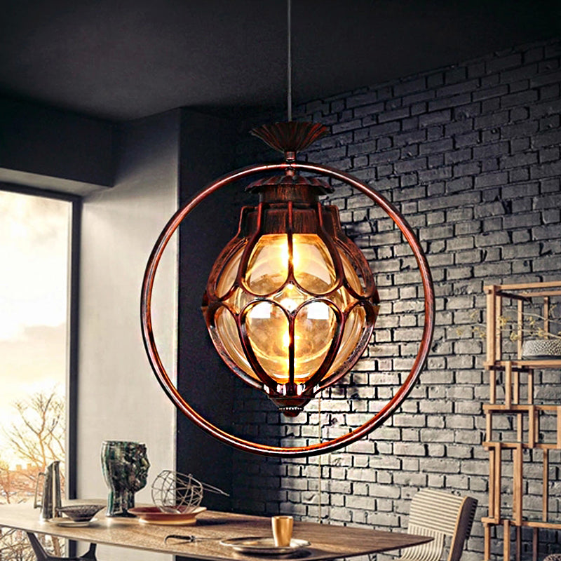 Industrial Global/Ring Hanging Light Cognac Glass Shade Kitchen Pendant Lighting in Copper with 23.5