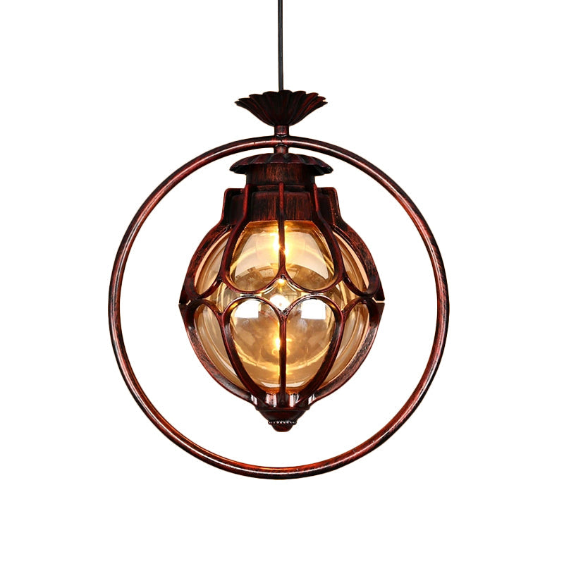 Industrial Global/Ring Hanging Light Cognac Glass Shade Kitchen Pendant Lighting in Copper with 23.5