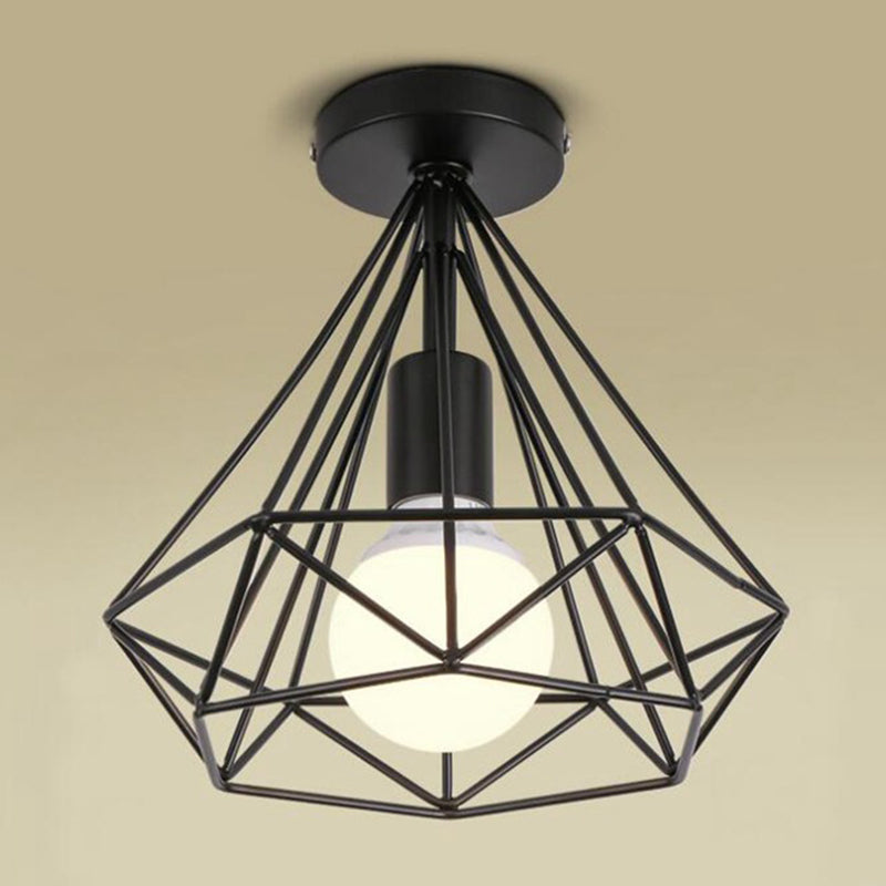 Diamond Cage Semi Flush Mount Lighting Retro Industrial Style Metal Ceiling Flush Mount Lights for Hallway Black Clearhalo 'Ceiling Lights' 'Close To Ceiling Lights' 'Close to ceiling' 'Semi-flushmount' Lighting' 2590825