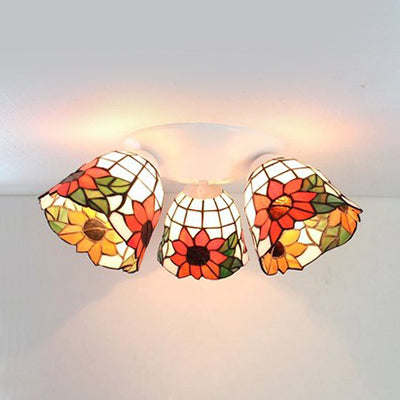 Retro Style Scalloped Ceiling Light Glass 3 Lights Ceiling Light Fixture with Flower/Morning Glory/Sunflower/Red Rose/White Rose Pattern in White White Flower Clearhalo 'Ceiling Lights' 'Close To Ceiling Lights' 'Close to ceiling' 'Glass shade' 'Glass' 'Semi-flushmount' 'Tiffany close to ceiling' 'Tiffany' Lighting' 25912