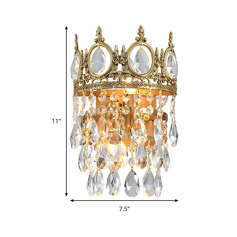 Traditional Round Wall Mounted Lighting with Clear Crystal Prisms 2 Bulbs Wall Light Fixture in Aged Brass Clearhalo 'Modern wall lights' 'Modern' 'Wall Lamps & Sconces' 'Wall Lights' Lighting' 259120