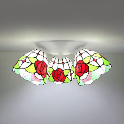 Retro Style Scalloped Ceiling Light Glass 3 Lights Ceiling Light Fixture with Flower/Morning Glory/Sunflower/Red Rose/White Rose Pattern in White White Red Rose Clearhalo 'Ceiling Lights' 'Close To Ceiling Lights' 'Close to ceiling' 'Glass shade' 'Glass' 'Semi-flushmount' 'Tiffany close to ceiling' 'Tiffany' Lighting' 25914