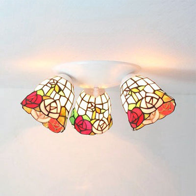 Retro Style Scalloped Ceiling Light Glass 3 Lights Ceiling Light Fixture with Flower/Morning Glory/Sunflower/Red Rose/White Rose Pattern in White White White Rose Clearhalo 'Ceiling Lights' 'Close To Ceiling Lights' 'Close to ceiling' 'Glass shade' 'Glass' 'Semi-flushmount' 'Tiffany close to ceiling' 'Tiffany' Lighting' 25915