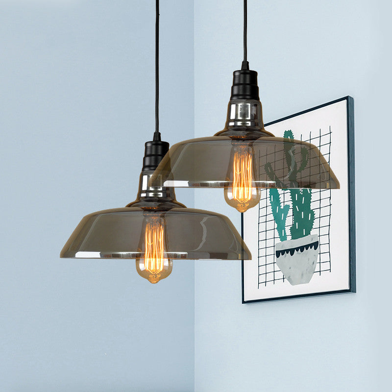 1 Bulb Smoke Grey Glass Pendant Light Industrial Black Barn Shaped Diner Suspension Lighting Clearhalo 'Art Deco Pendants' 'Cast Iron' 'Ceiling Lights' 'Ceramic' 'Crystal' 'Industrial Pendants' 'Industrial' 'Metal' 'Middle Century Pendants' 'Pendant Lights' 'Pendants' 'Tiffany' Lighting' 2593794