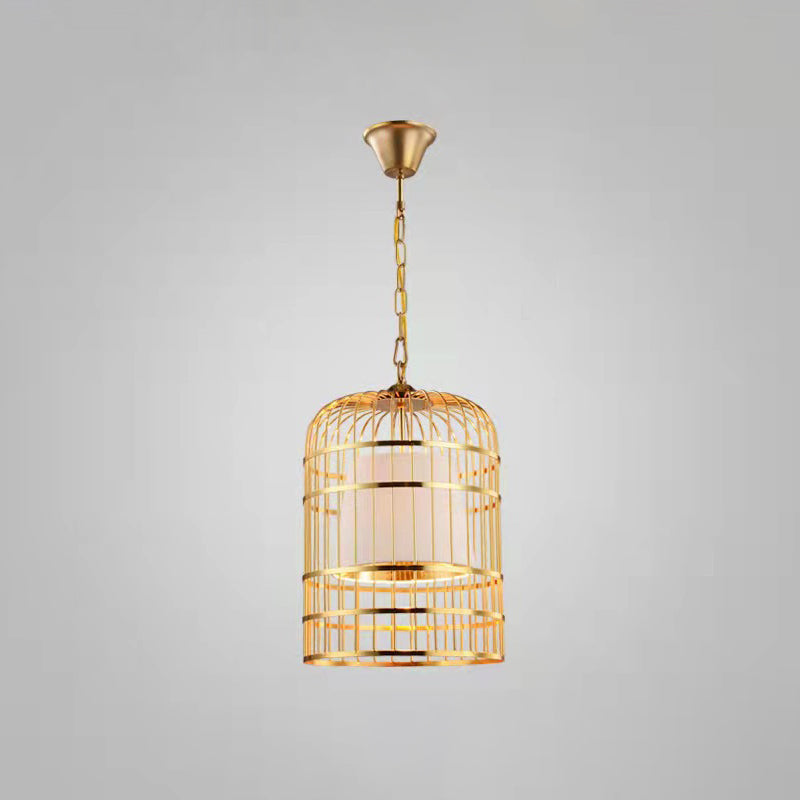 Gold Plated Birdcage Hanging Lamp Country Metal 1 Bulb Restaurant Ceiling Light with Cone Shade White 12