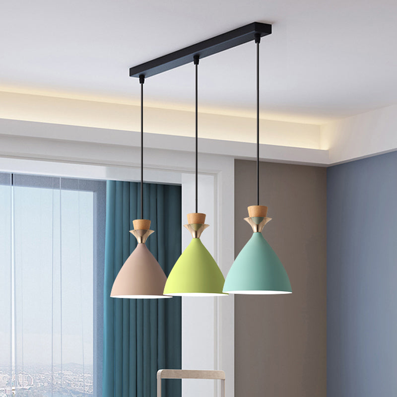 Macaroon 3-Light Cluster Pendant Green-Pink-Yellow Cone Metal Shade Hanging Light with 59