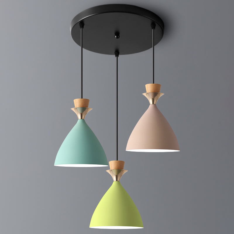 Macaroon 3-Light Cluster Pendant Green-Pink-Yellow Cone Metal Shade Hanging Light with 59