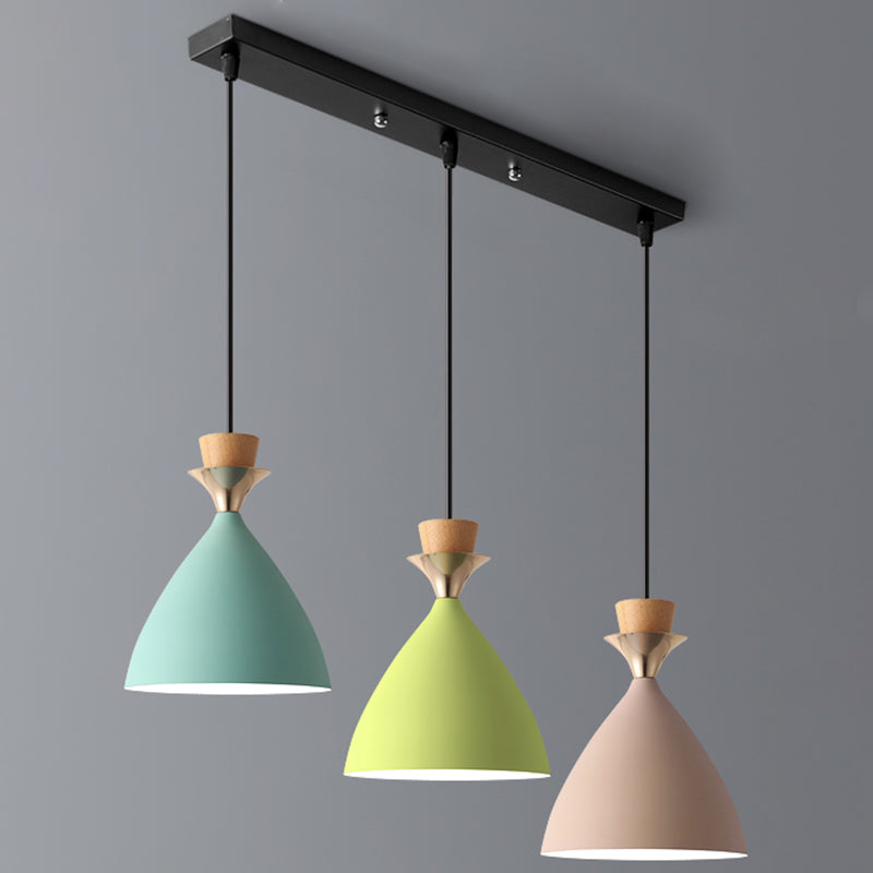 Macaroon 3-Light Cluster Pendant Green-Pink-Yellow Cone Metal Shade Hanging Light with 59