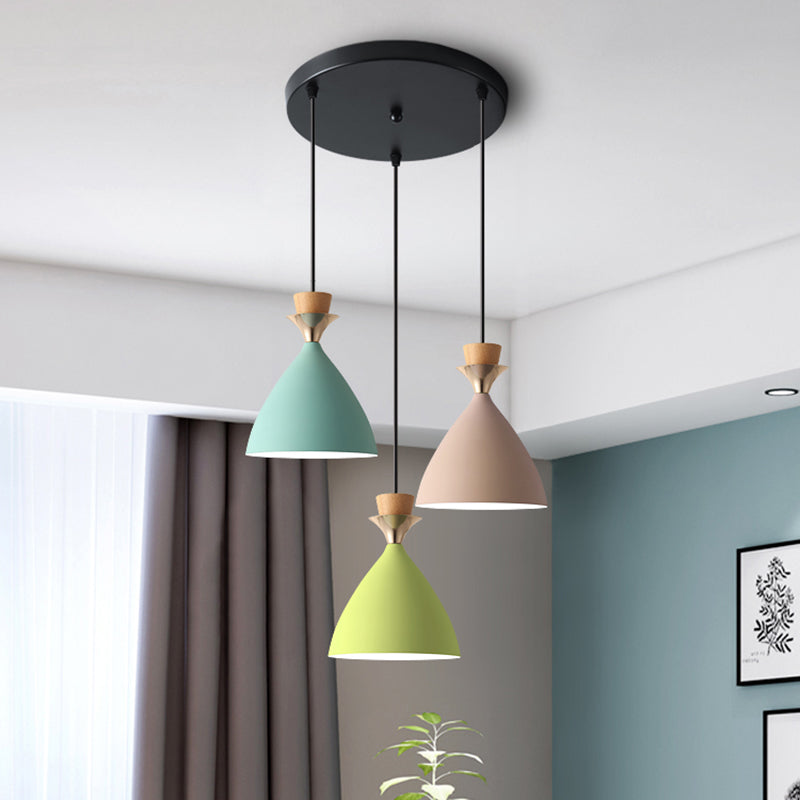 Macaroon 3-Light Cluster Pendant Green-Pink-Yellow Cone Metal Shade Hanging Light with 59