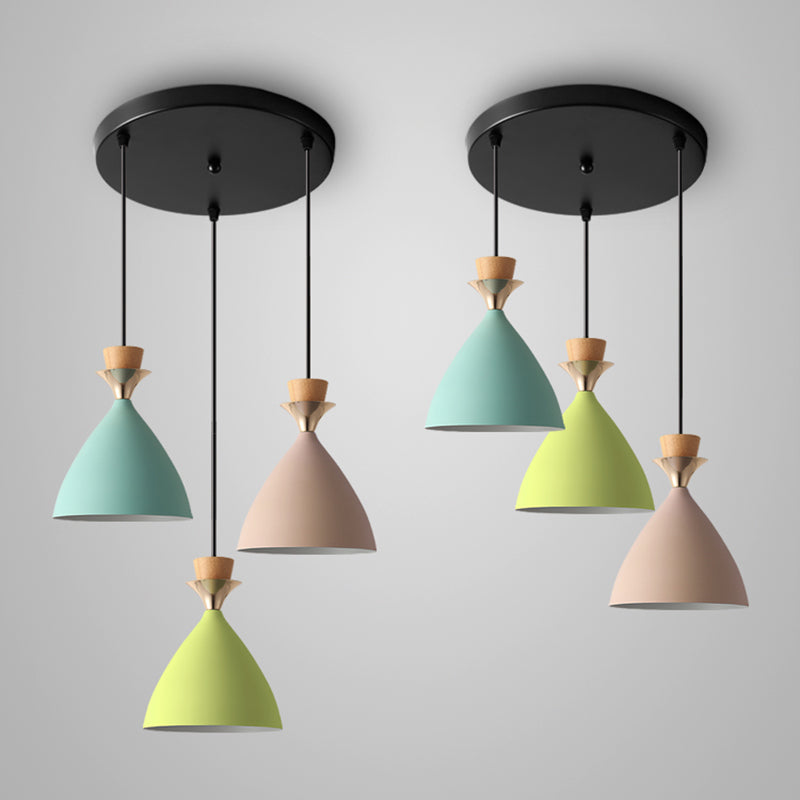 Macaroon 3-Light Cluster Pendant Green-Pink-Yellow Cone Metal Shade Hanging Light with 59