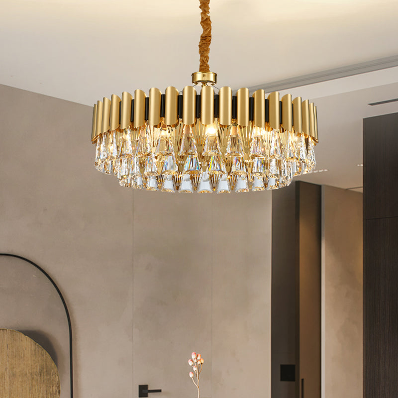 Triangle Crystal Block Chandelier Lighting with Metal Sheet Modernist 8 Heads Pendant Lighting in Gold Clearhalo 'Ceiling Lights' 'Chandeliers' 'Modern Chandeliers' 'Modern' Lighting' 259535