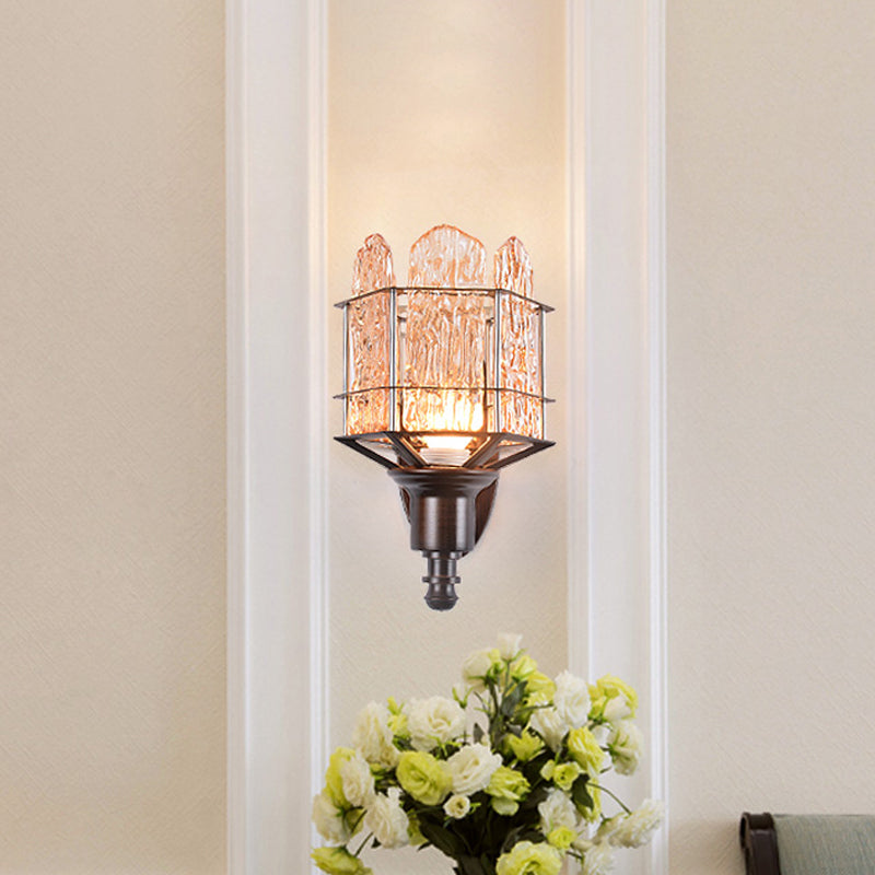 Rippled Glass Wall Light Fixture with Metal Cage Contemporary 1 Head Black Finish Flush Mount Wall Sconce Black D Clearhalo 'Art deco wall lights' 'Industrial wall lights' 'Industrial' 'Middle century wall lights' 'Tiffany' 'Wall Lamps & Sconces' 'Wall Lights' Lighting' 259716