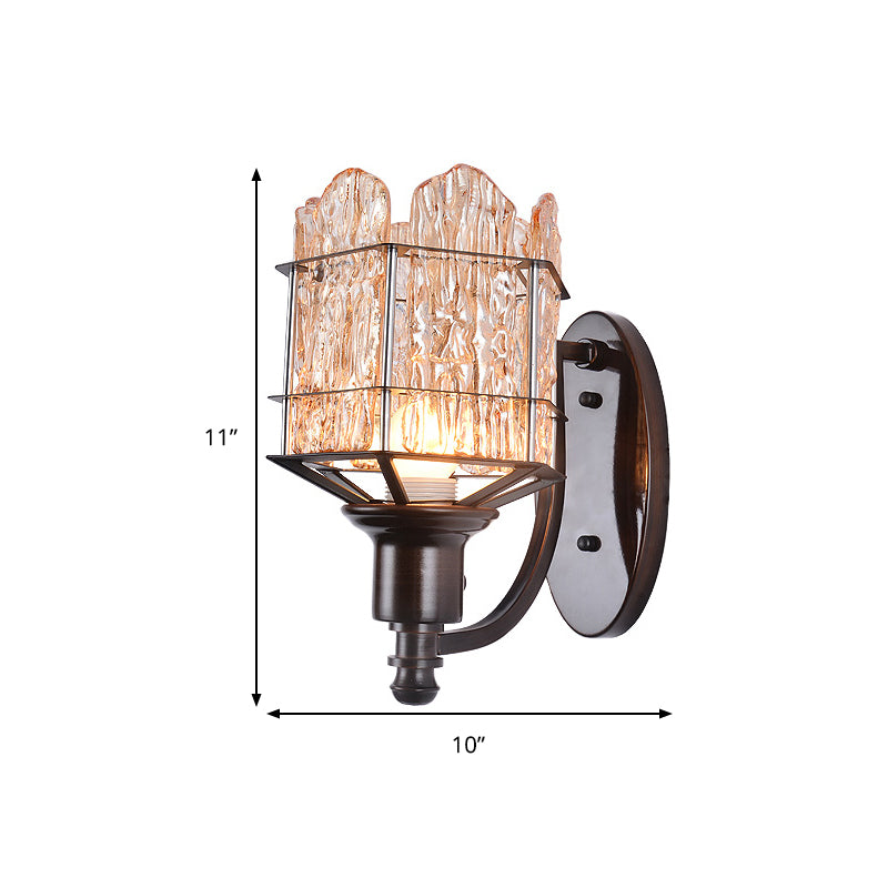 Rippled Glass Wall Light Fixture with Metal Cage Contemporary 1 Head Black Finish Flush Mount Wall Sconce Clearhalo 'Art deco wall lights' 'Industrial wall lights' 'Industrial' 'Middle century wall lights' 'Tiffany' 'Wall Lamps & Sconces' 'Wall Lights' Lighting' 259719