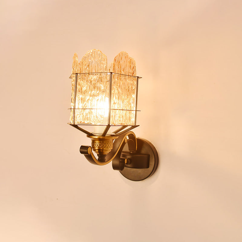 Rippled Glass Wall Light Fixture with Metal Cage Contemporary 1 Head Black Finish Flush Mount Wall Sconce Black C Clearhalo 'Art deco wall lights' 'Industrial wall lights' 'Industrial' 'Middle century wall lights' 'Tiffany' 'Wall Lamps & Sconces' 'Wall Lights' Lighting' 259720