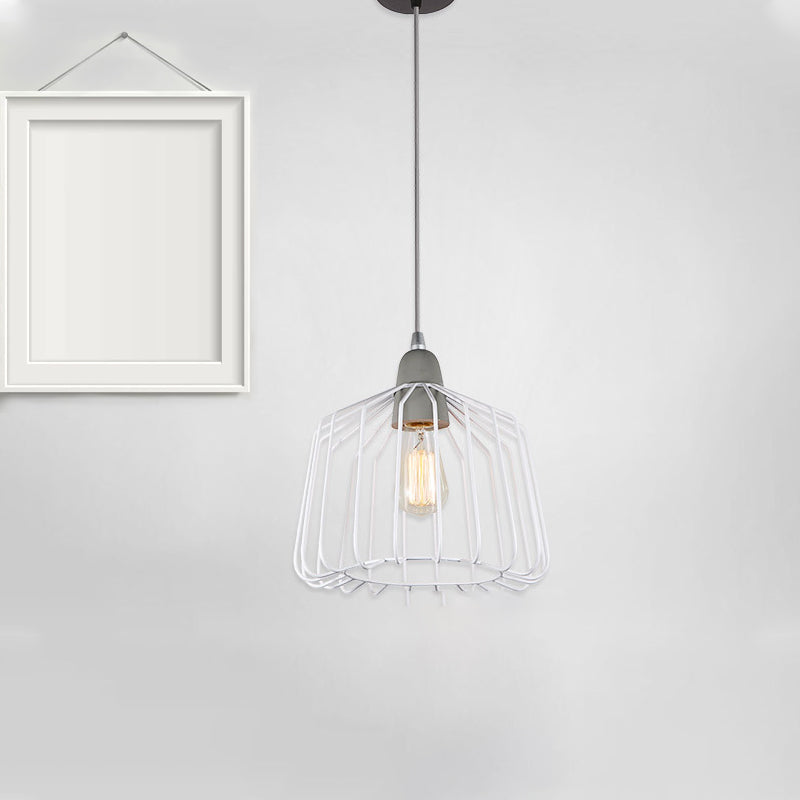 Vintage Cage Shade Light Pendant Metal Grey/White Finish 1 Light Bedroom Hanging Fixture Grey Clearhalo 'Art Deco Pendants' 'Cast Iron' 'Ceiling Lights' 'Ceramic' 'Crystal' 'Industrial Pendants' 'Industrial' 'Metal' 'Middle Century Pendants' 'Pendant Lights' 'Pendants' 'Tiffany' Lighting' 259792