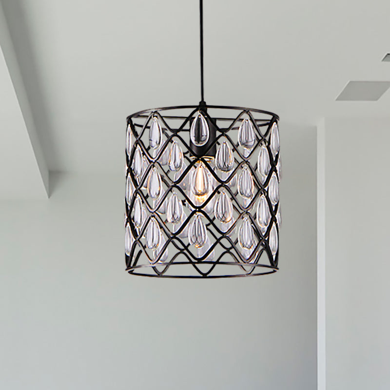 Metal Caged Pendant Lighting with Crystal Drop Deco Industrial 1/4/6 Lights Chandelier Lamp in Black Clearhalo 'Ceiling Lights' 'Modern Pendants' 'Modern' 'Pendant Lights' 'Pendants' Lighting' 259936