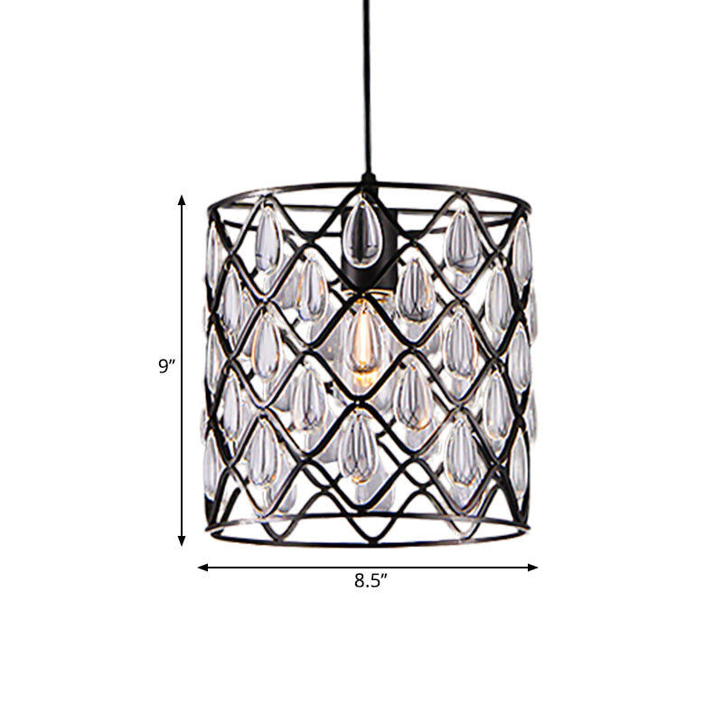 Metal Caged Pendant Lighting with Crystal Drop Deco Industrial 1/4/6 Lights Chandelier Lamp in Black Clearhalo 'Ceiling Lights' 'Modern Pendants' 'Modern' 'Pendant Lights' 'Pendants' Lighting' 259938