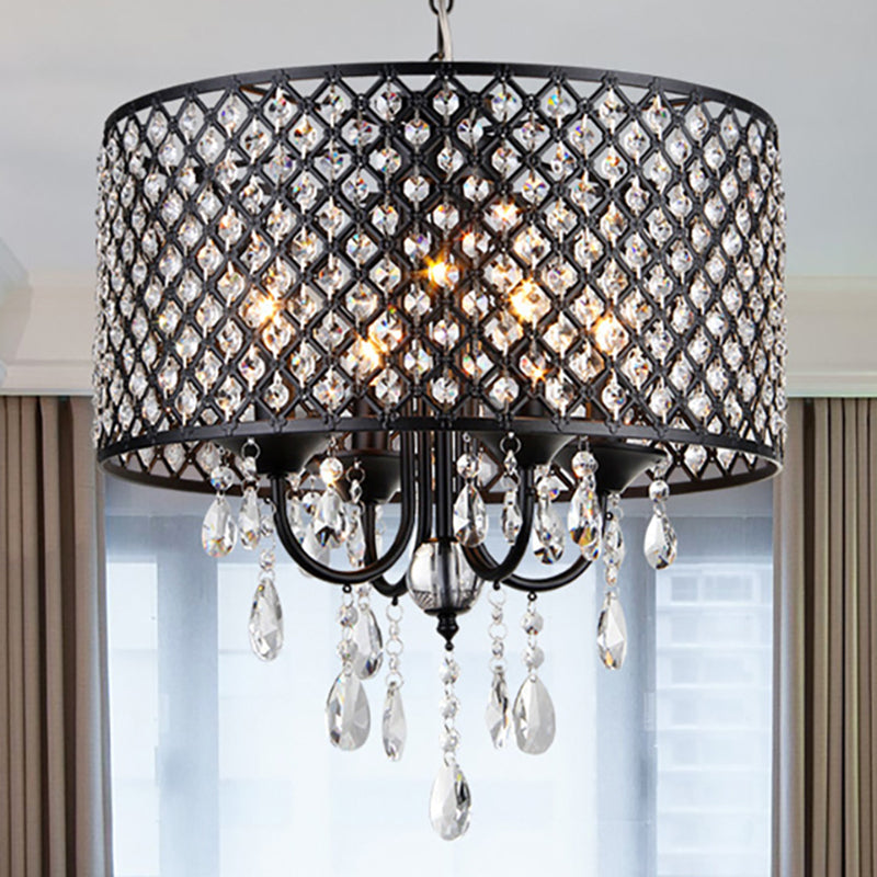 Vintage Style Black/Chrome Chandelier Lamp with Drum Shade 4 Lights Iron and Crystal Hanging Light Clearhalo 'Ceiling Lights' 'Chandeliers' Lighting' options 259945