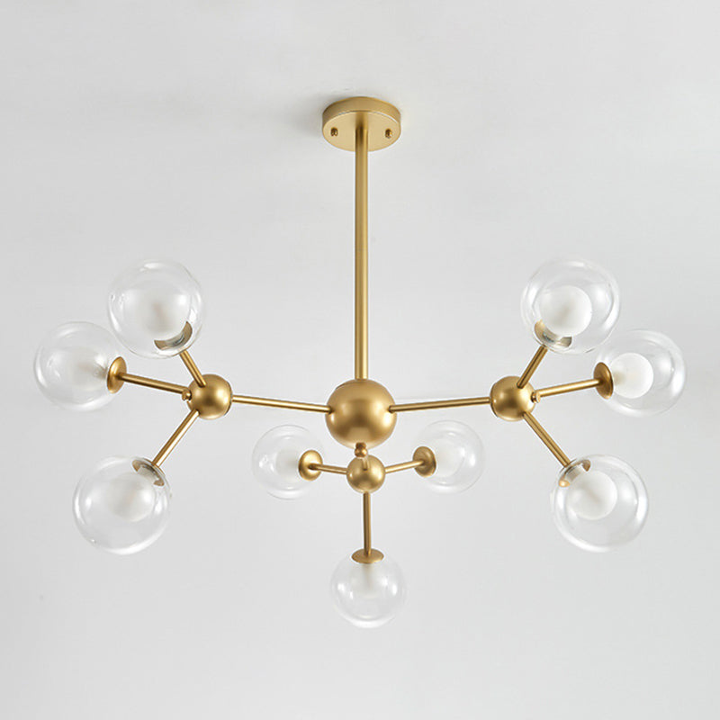 Clear Globe Shape Glass Chandelier Light Molecular Frosted Iron Modern Pendant Lighting in Gold 9 Gold Clearhalo 'Ceiling Lights' 'Chandeliers' 'Modern Chandeliers' 'Modern' Lighting' 2600165