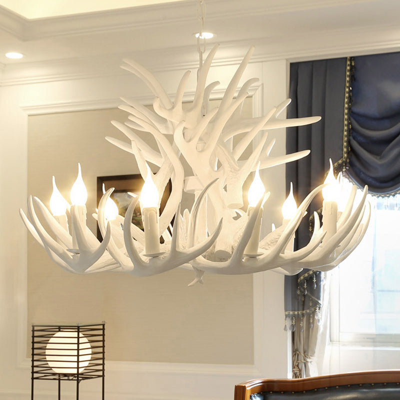 White Retro Resin Deer Horn Chandelier Rustic Style Bedroom Drop Lamp Lighting Fixture in White Clearhalo 'Ceiling Lights' 'Chandeliers' Lighting' 2600289