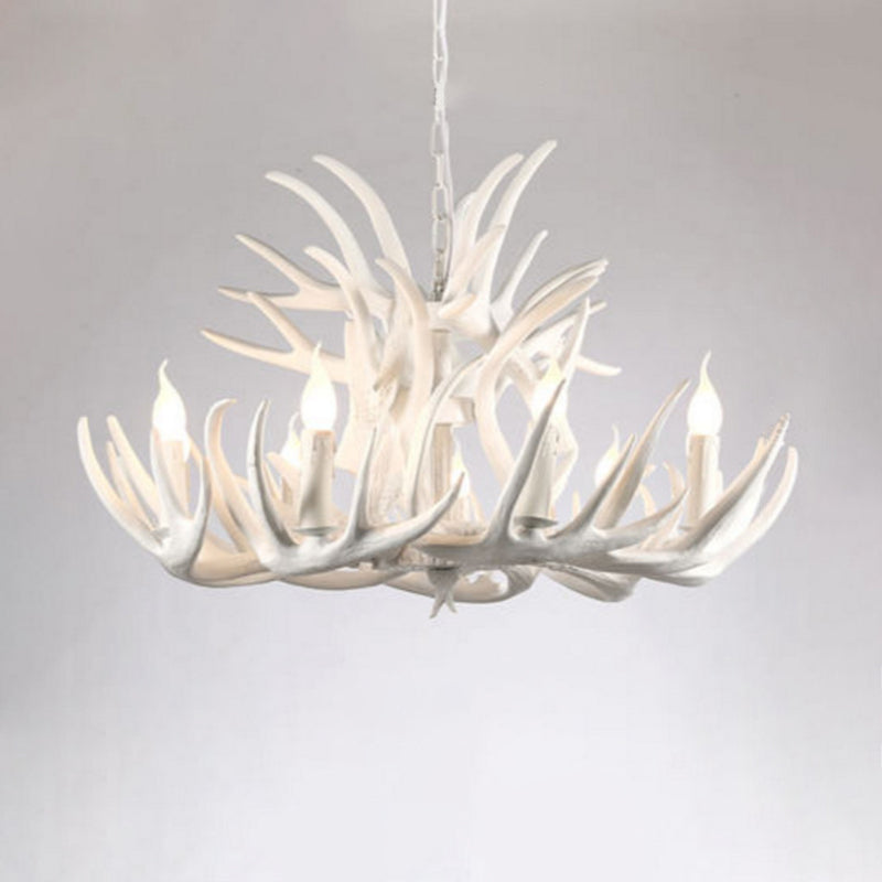 White Retro Resin Deer Horn Chandelier Rustic Style Bedroom Drop Lamp Lighting Fixture in White White 9+6 Clearhalo 'Ceiling Lights' 'Chandeliers' Lighting' 2600294