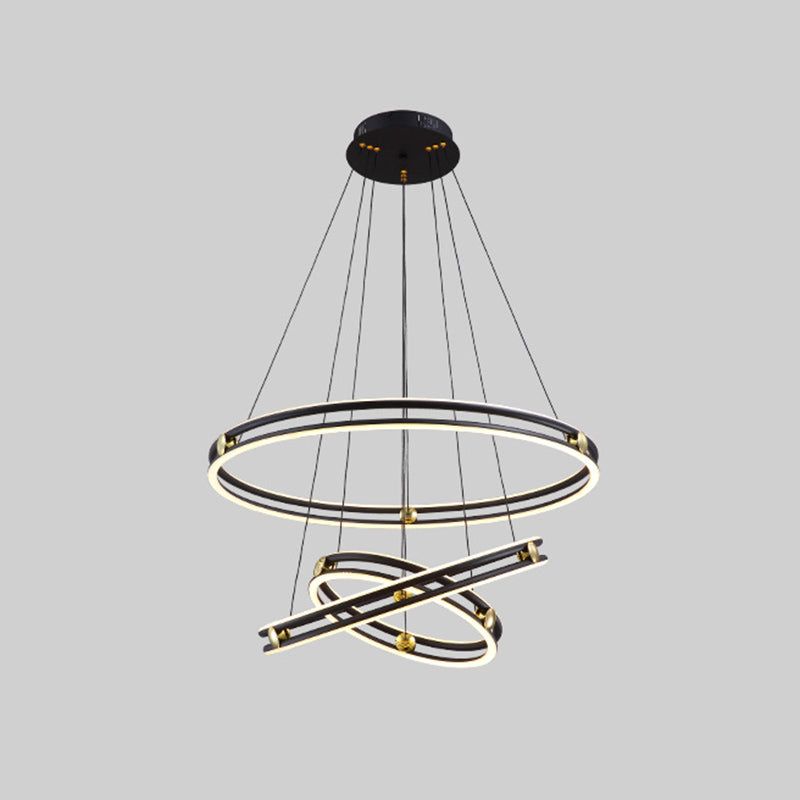 Hollow Ring Shape Hanging Chandelier Light Modern Multi Tiered Black Pendant Lamp with Frosted Silicone Shade Black 16