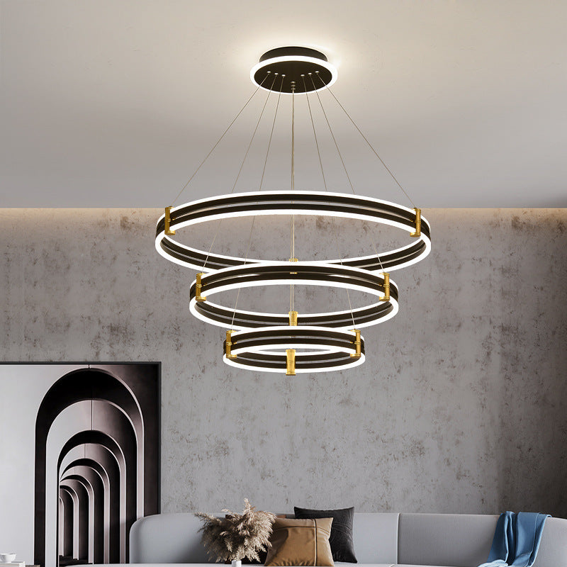 Modern Ring LED Chandelier 3-color Light Adjustable Aluminum Multi Tier Pendant Light in Black Black 16