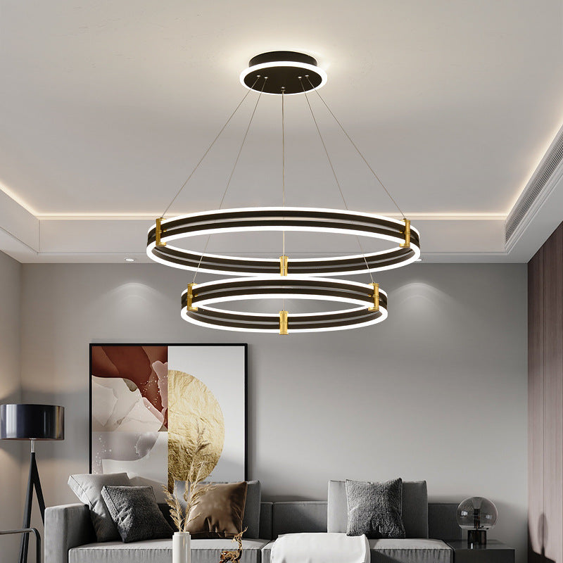 Modern Ring LED Chandelier 3-color Light Adjustable Aluminum Multi Tier Pendant Light in Black Black 24