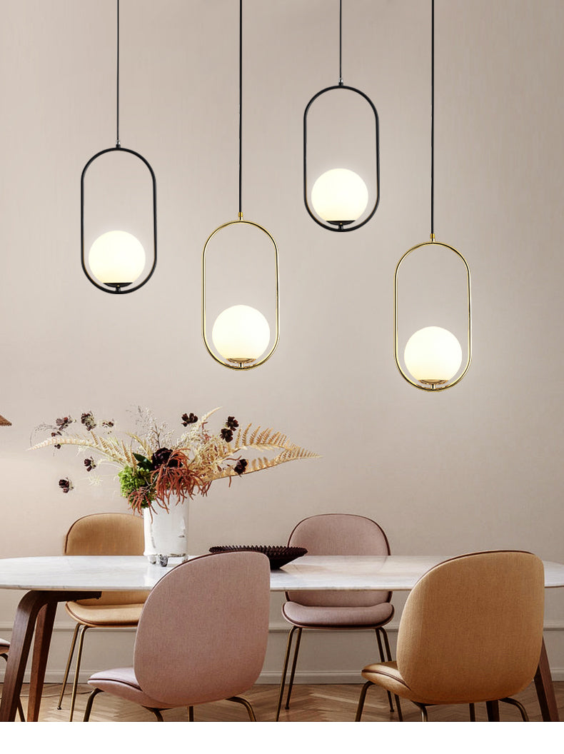 Mid-Century Design Globe Hanging Lamp White Glass Shade Pendant Light with Metal Ring Clearhalo 'Ceiling Lights' 'Modern Pendants' 'Modern' 'Pendant Lights' 'Pendants' Lighting' 2600753