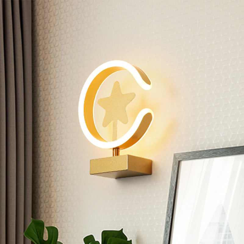 White/Gold Circle Flush Mount Wall Sconce with Star Pattern Cartoon Acrylic LED Wall Lighting, Warm/White Light Clearhalo 'Wall Lamps & Sconces' 'Wall Lights' Lighting' 260090